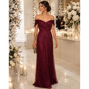 Teri Jon Burgundy Gown Sequin Beaded Tulle Off the Shoulder Dress Sz 2 Women's